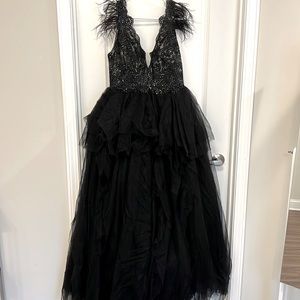 Black lace and feathered ball gown